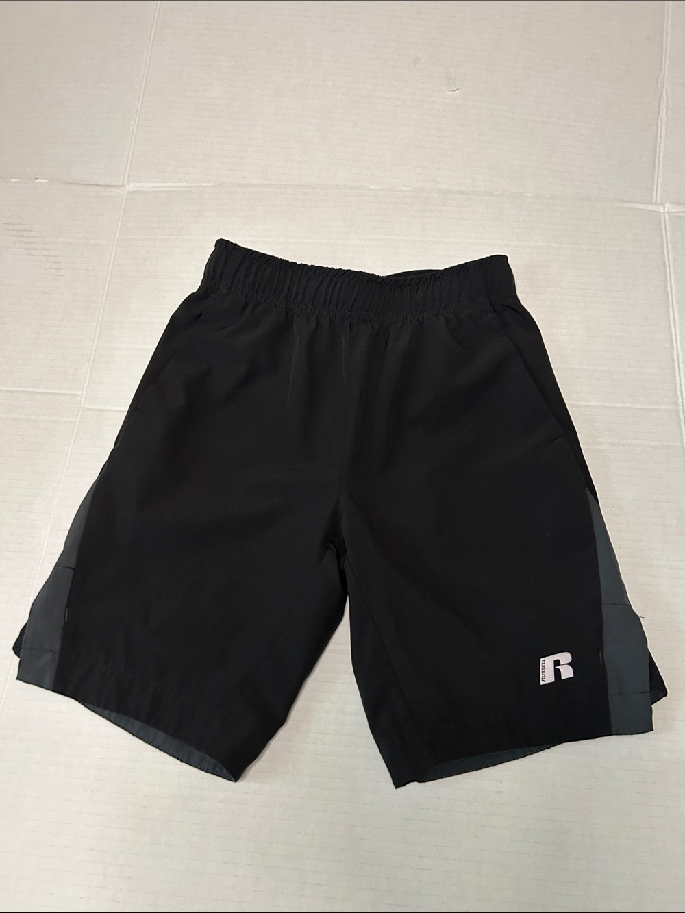 Russell Athletic Boys Small 6-7 Black Athletic Shorts with Gray Panels and pocke